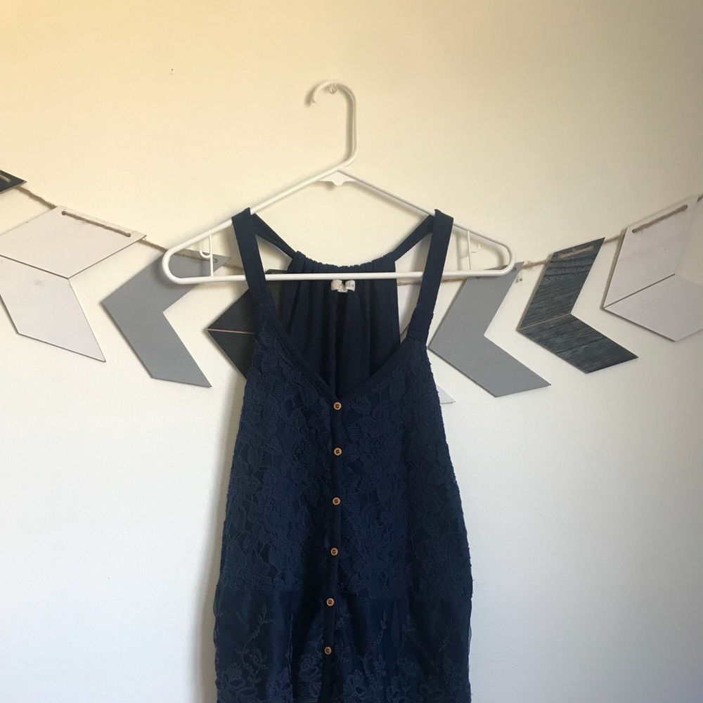 Navy Blue Lace Tank Top With Buttons